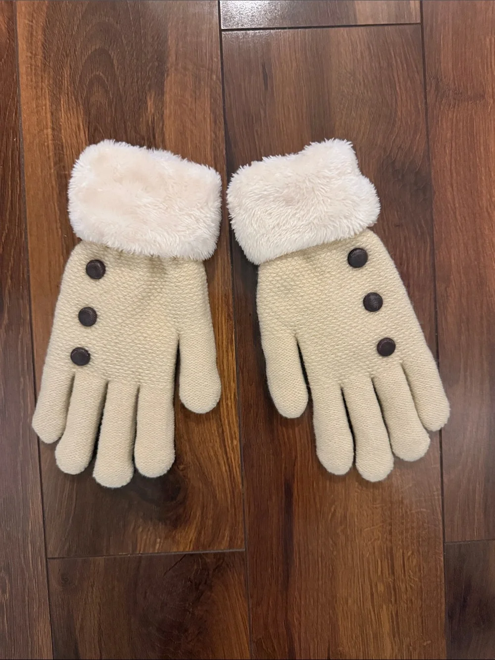 Women’s Cream Knit Gloves with Faux-Fur Cuff and Button Accents